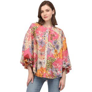 Fate Floral Leopard Top Women’s Medium Long Balloon Puff Ruffle Sleeve Blouse